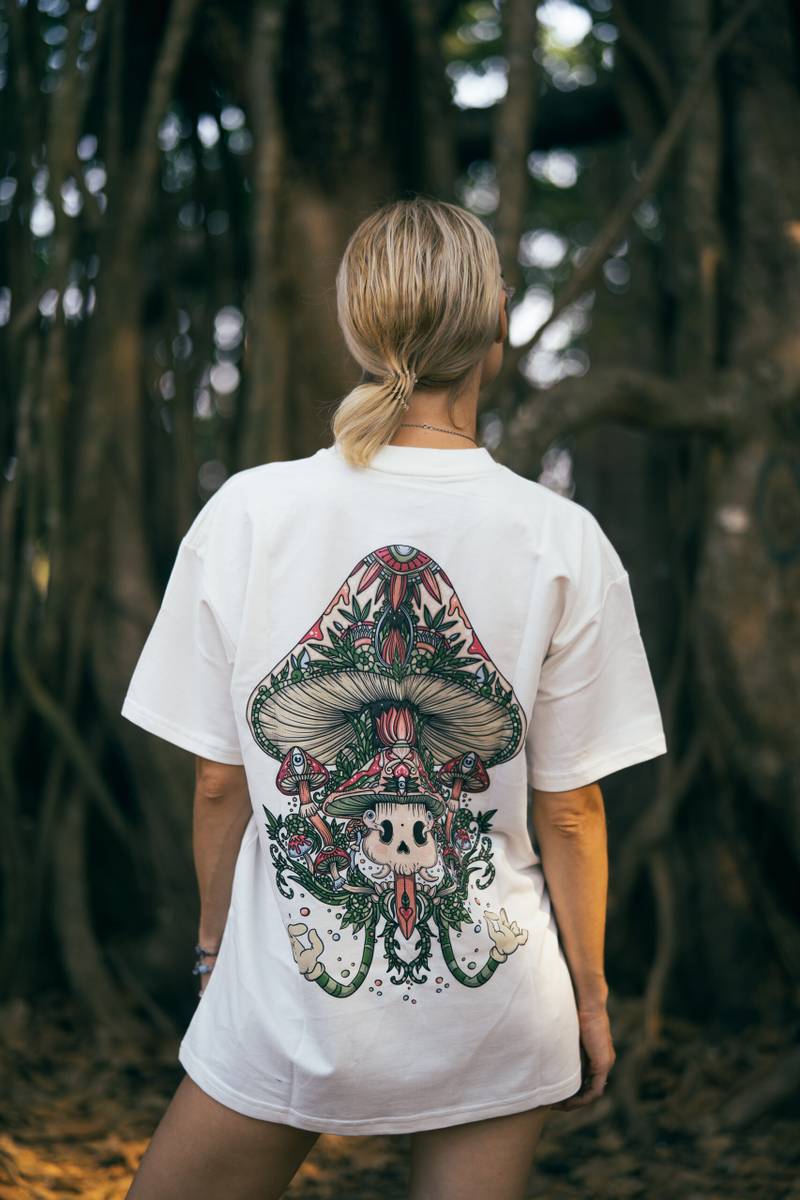 MAGIC MUSHROOM White Printed Oversized T-Shirt - Image 1